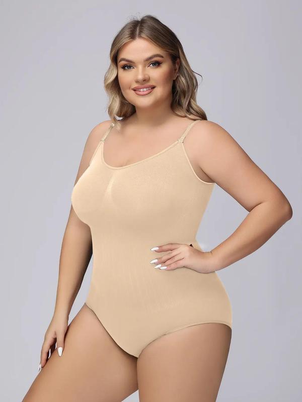 Plus Size Plain Adjustable Strap Shapewear Bodysuit, Casual Comfy Sleeveless Tummy Control Bodysuit, Women's Shapewear Clothing for All Seasons