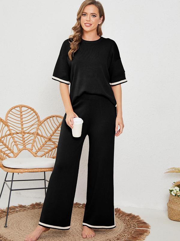 Women's Contrast Binding High Low Top & Split Hem Wide Leg Pants Loungewear Two-piece Set, Casual Comfy Round Neck Short Sleeve Top & Trousers Pj Set, Ladies Sleepwear for All Seasons