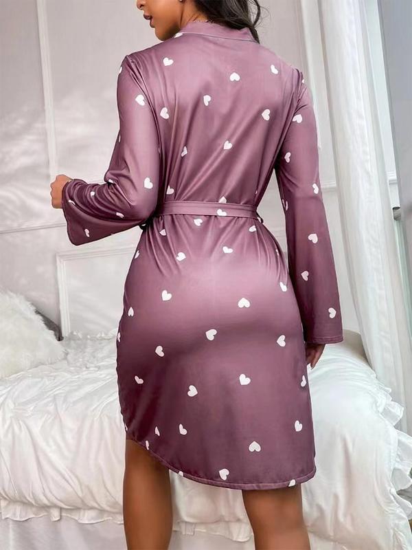 Women's Heart Print Belted Robe, Casual Wrap Long Sleeve Lounge Robe, Ladies Spring & Fall Sleepwear for Daily Wear