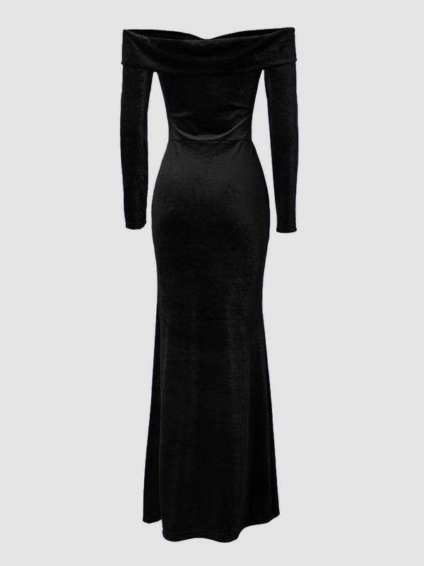 Women's Off The Shoulder Split Thigh Velvet Dress, Elegant Long Sleeve Ruffle Bodycon Evening Party Gown, Ladies Fall & Winter Clothes