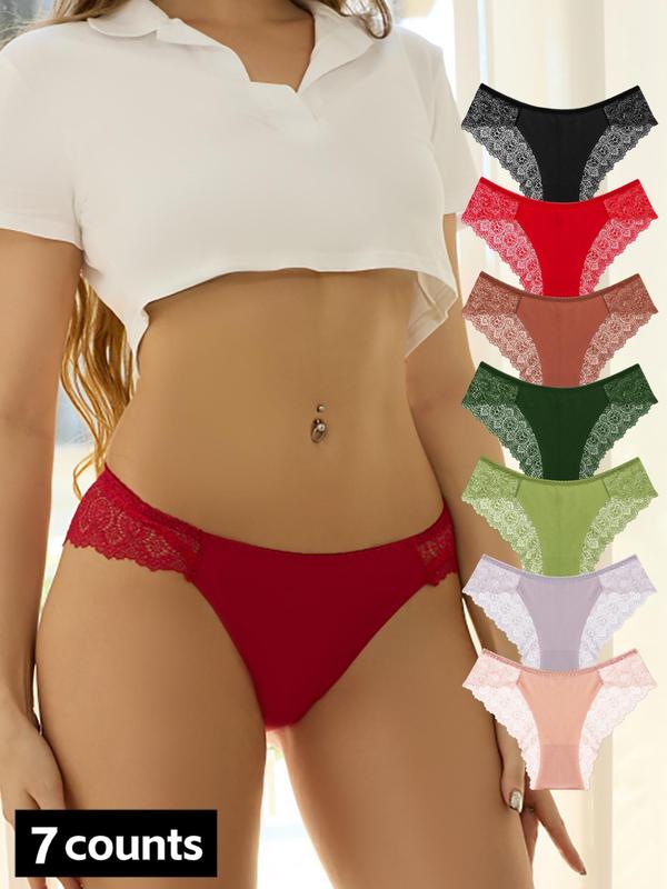 Women's 7pcs Contrast Lace Knicker, Breathable Comfortable Panty for Daily Wear, Solid Color Knickers for All Seasons