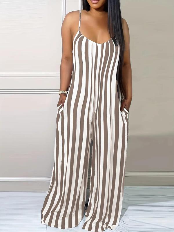 Women's Striped Print Pocket Backless Wide Leg Cami Jumpsuit, Lady Casual Adjustable Spaghetti Strap Overalls for Summer, Jumpsuit for Women, Overalls for Women, Ladies Clothes for Daily Wear, Womenswear