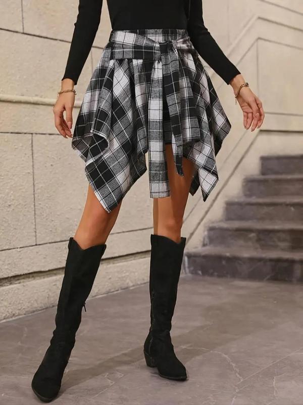 Women's Plaid Print Knot Front Skirt, Street Fashion Casual A Line Short Skirt for Daily Wear, Ladies Spring & Fall Bottoms