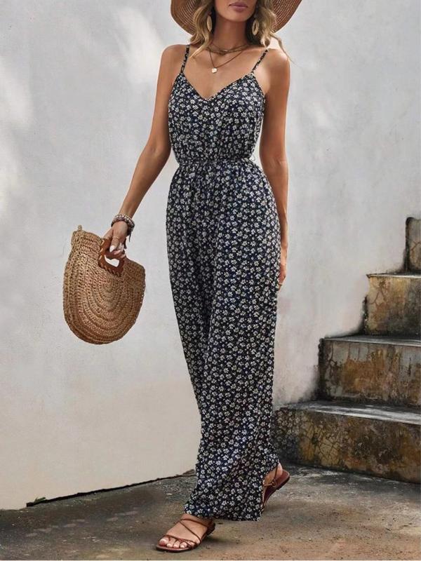 Women's Ditsy Floral Print Backless V Neck Vintage Cami Jumpsuit, Boho Fashion Sleeveless High Waist Straight Leg Jumpsuit for Daily Holiday Vacation Wear, Ladies Summer Clothes