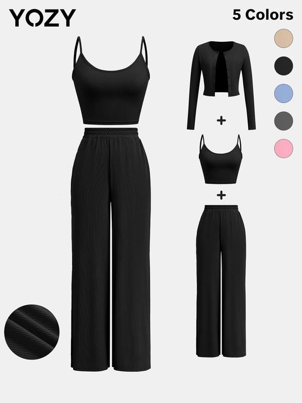 YOZY Black Friday Deals Women's Spring Solid Button Front Outerwear & Backless Crop Camisole & Elastic Waist Pants Set, Christmas 2024 Trend, Thanksgiving Outfits, Fall Outfits, Winter Outfits