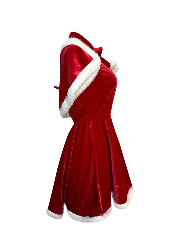 Women's Contrast Faux Fur  Sexy Santa Claus Costume Set, Halter Neck Dress &  Shawl & Sleeves & Hair Accessories Set, Women's Underwear Set for All Seasons