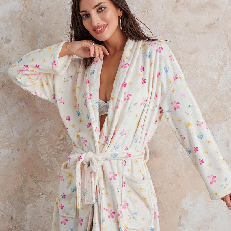 Women Dressing Gown Flannel Robe, Floral Print Shawl Collar Bathrobe for Hotel Spa, Party Kimono Robe with Belt,  Long Sleeve Dry Robes Check