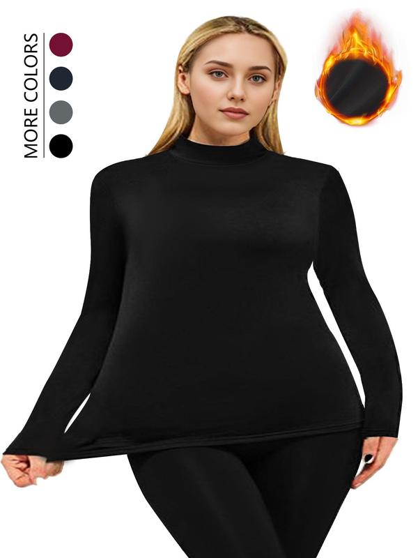  Solid Thermal Lined Mock Neck T-shirt, Casual Long Sleeve Crew Neck Top for Fall & Winter, Women's Clothing for Daily Wear