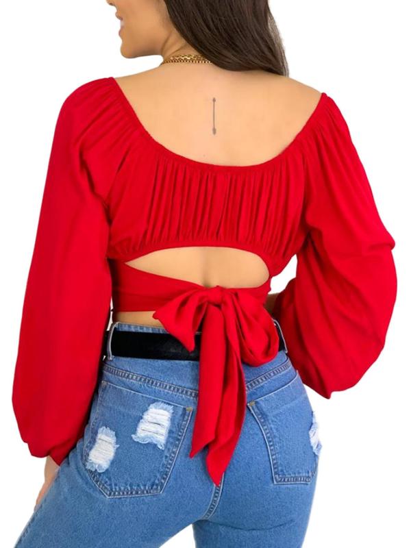 Women's Plain Tie Back Off Shoulder Crop Tee, Casual Bishop Sleeve T-shirt for Daily Wear, Ladies Clothes for All Seasons