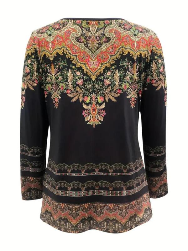  Ethnic Pattern V Neck Tee, Boho Long Sleeve T-shirt for Fall & Winter, Women's Clothing for Daily Wear