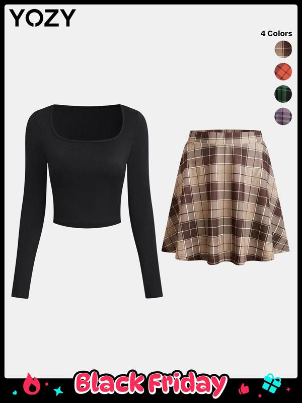 YOZY Black Friday Deals, Plain Crop Top & Plaid Print Flared Skirt Set, Elegant Fashion Casual Square Neck Long Sleeve Top & High Waist Skirt, Women's Fall Outfits for Daily Wear, Christmas 2024 Trend, Thanksgiving Outfits, Fall Outfits, Winter Outfits