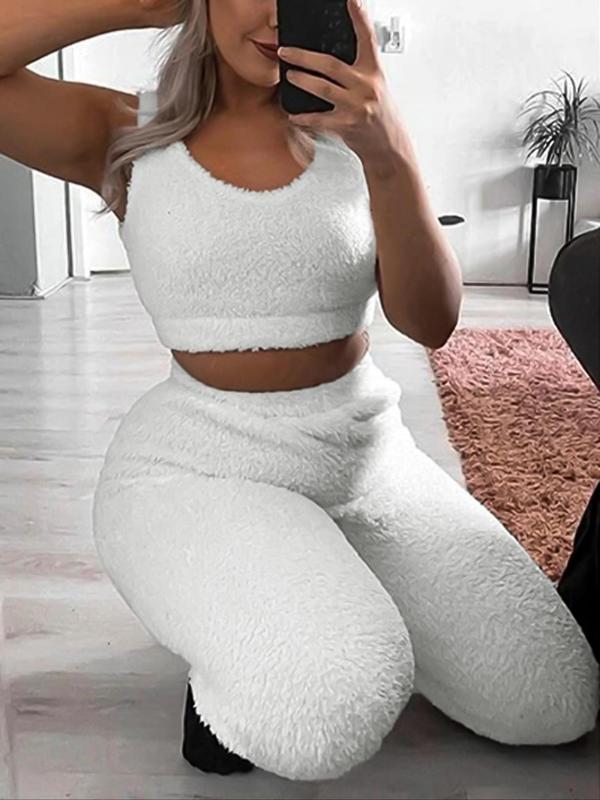 Women's Solid Scoop Neck Crop Tank Top & Skinny Pants Plush Loungewear Two-piece Set, Fall Wear, Pajama Sets Women, Casual Comfy Sleepwear Wear for Fall & Winter, Lounge Sets, Lady's Sleepwear, Women Nightwear, Fall Wear, Fallfreshness Clothes