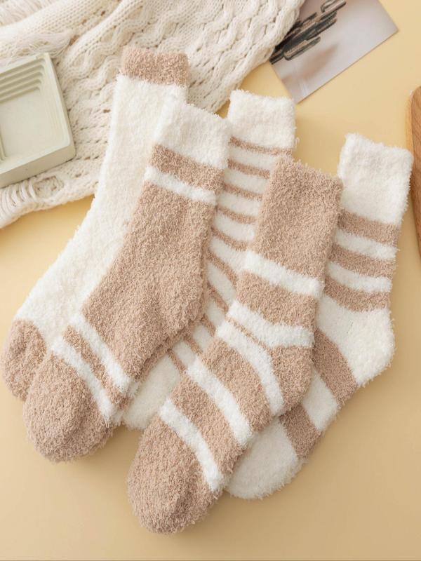 Women's Striped Print Fuzzy Socks, Casual Soft Comfy Warm Crew Socks for Fall & Winter, Women's Socks for Daily Wear