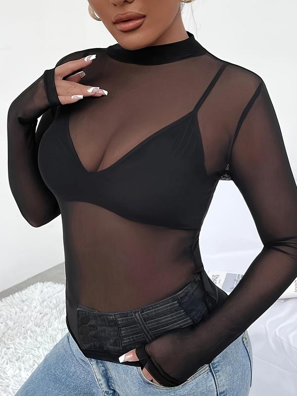 Women's Plain Sheer Tulle Crop Tee, Elegant Mock Neck Long Sleeve Top, Ladies Clothes for Club Party Dating Wear