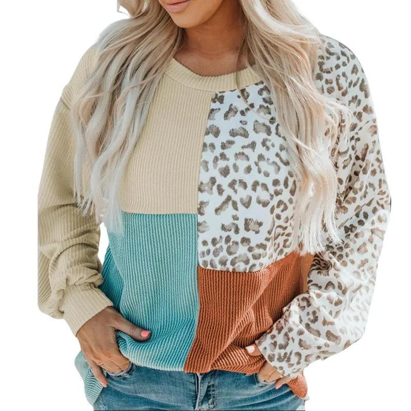 Encolax Womens Fashion Leopard Color Block Long Sleeve Crewneck Knitted Casual Loose Pullover Shirts Tops Fit Womenswear