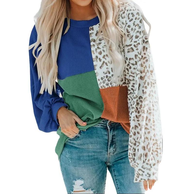 Encolax Womens Fashion Leopard Color Block Long Sleeve Crewneck Knitted Casual Loose Pullover Shirts Tops Fit Womenswear