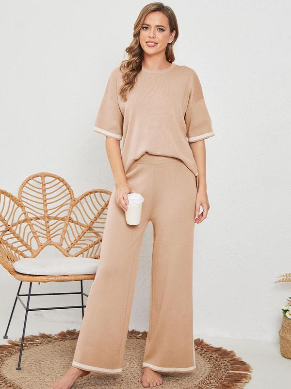 Women's Contrast Binding High Low Top & Split Hem Wide Leg Pants Loungewear Two-piece Set, Casual Comfy Round Neck Short Sleeve Top & Trousers Pj Set, Ladies Sleepwear for All Seasons