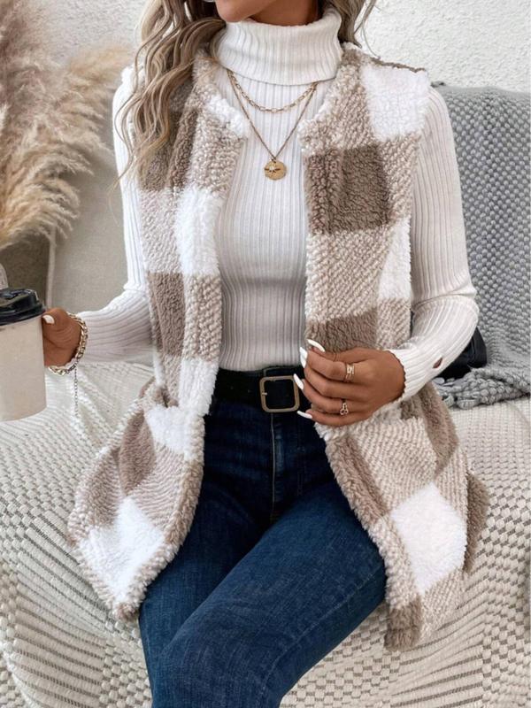 Women's Plaid Print Fuzzy Vest Coat without Sweater, Casual Pocket Open Front Outerwear for Spring & Fall, Fashion Women's Clothing for Daily Wear, Fall Outfits, Fallfreshness, Fall Outfits, Fallfreshness