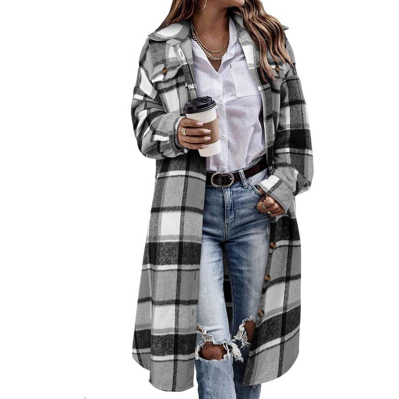 StunShow Womens Plaid Shacket Jacket Long Corduroy Shirt Casual Lapel Button Down Flannel Trench Coats