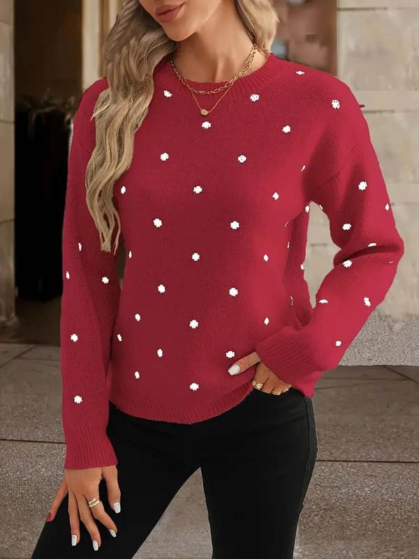 Women's Polka Dot Print Drop Shoulder Sweater, Casual Long Sleeve Round Neck Jumper for Fall & Winter, Fashion Ladies' Knitwear for Daily Wear