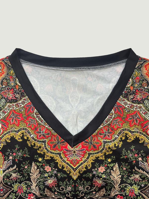  Ethnic Pattern V Neck Tee, Boho Long Sleeve T-shirt for Fall & Winter, Women's Clothing for Daily Wear