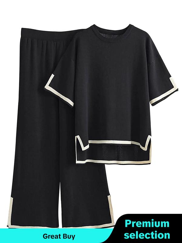 Women's Contrast Binding High Low Top & Split Hem Wide Leg Pants Loungewear Two-piece Set, Casual Comfy Round Neck Short Sleeve Top & Trousers Pj Set, Ladies Sleepwear for All Seasons