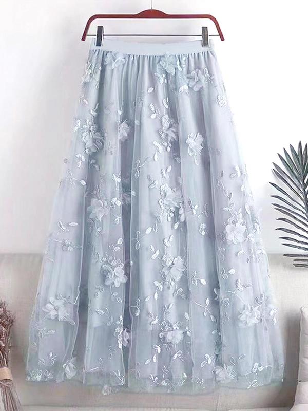 Women's Flower Appliques High Waist Vintage Tulle Skirt, Elegant A-Line Midi Skirt For Party Holiday Vacation, Ladies All Seasons Clothes