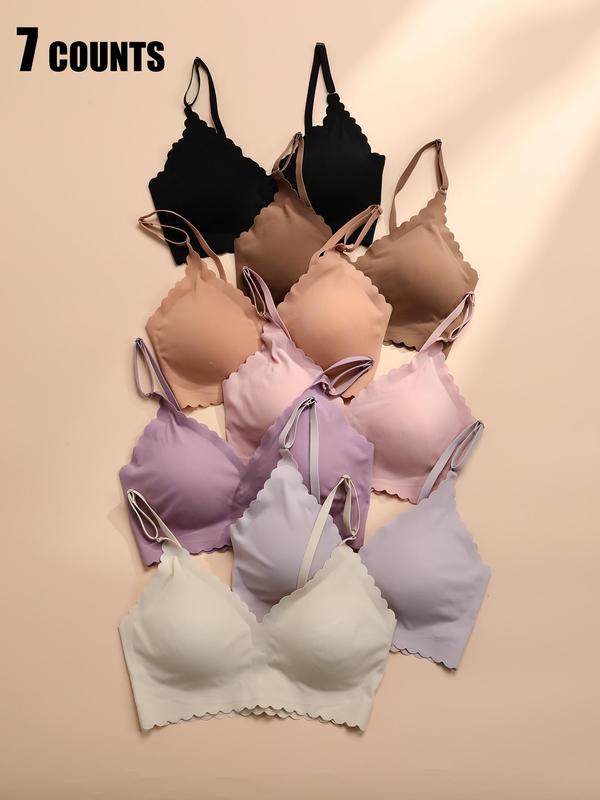 Women's 5pcs Solid Scallop Trim Wireless Push Up Bra, Comfort Soft Comfy Breathable Seamless Adjustable Strap Bralette Lingerie for Daily Wear, Back To School Wear, Ladies Underwear Sets for All Seasons, Summer Wear 2024, Fall Wear, Fallfreshness