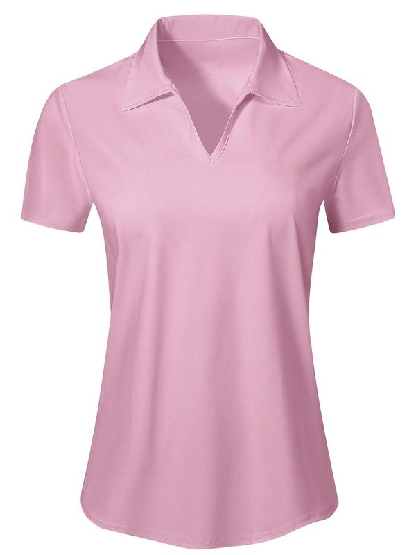 Women's Solid Collared V Neck Polo Shirt, Casual Comfy Breathable Short Sleeve Top, Ladies Clothes for All Seasons