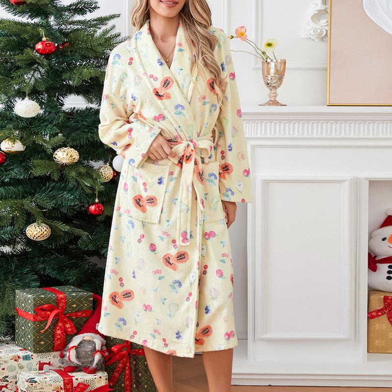 Women Dressing Gown Flannel Robe, Floral Print Shawl Collar Bathrobe for Hotel Spa, Party Kimono Robe with Belt,  Long Sleeve Dry Robes Check