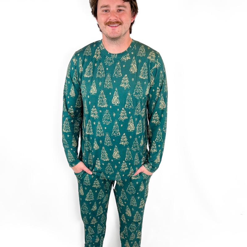 Men’s Bamboo Pajamas | Christmas Holiday Family Matching | Long Sleeve and Pants | Green Trees