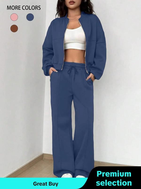 Women's Solid Zip Up Crop Jacket & Drawstring Waist Pants Two-Piece Set, Casual Fashion Drop Shoulder Long Sleeve Top & High Waist Trousers for Outdoor Wear, Women's Clothing for Spring & Fall 90S Clothes, High Waters Pants Set