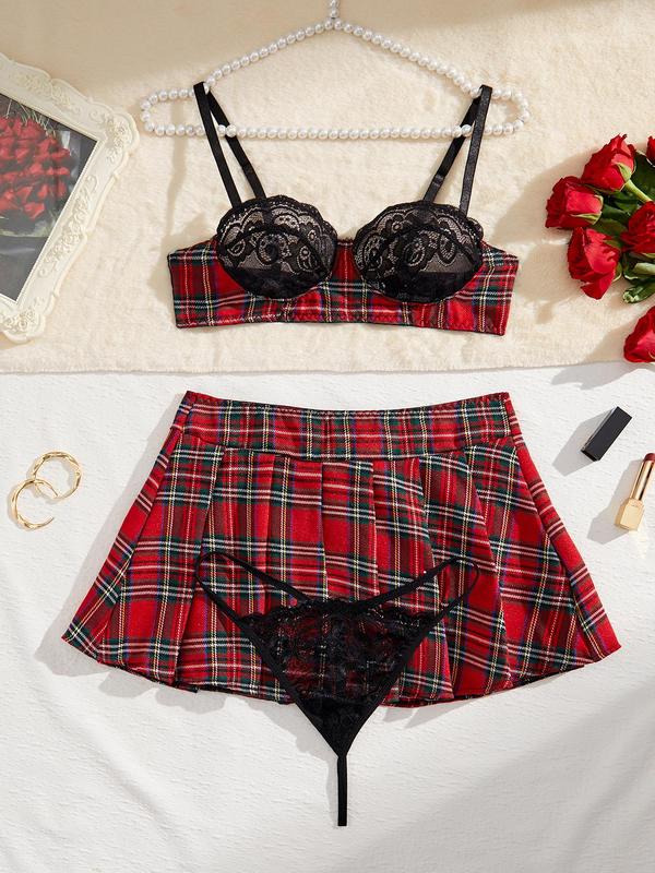 Women's Christmas Themed Plaid Print Sexy School Girl Costume Set, Preppy Style Contrast Lace Bra & Sheer Thong & Bow Back Pleated Skirt Set, Lingerie Set for Women