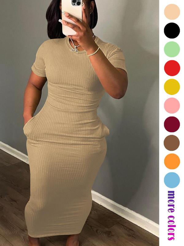 Women's Plain Pocket Short Sleeve Bodycon Dress, Dresses for Women, Casual Round Neck Ribbed Long Dress for Fall, Ladies Casual Wear Back To School Clothes for Daily