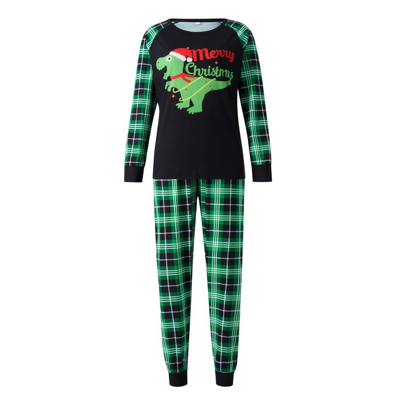 Black Green  Dinosaur Print Matching Christmas Pajamas For Family, Long Sleeve Dinosaur Print Raglan Tops + Plaid Pants Set