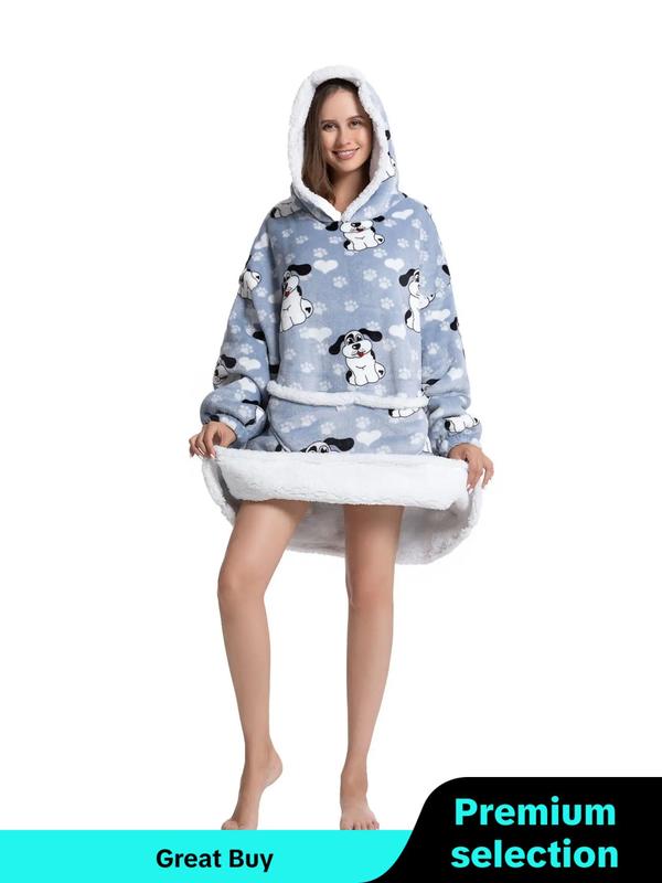  Women's Cow Print Plush Hooded Robe, Cute Pocket Long Sleeve Warm Hooded Pullover Robe, Ladies' TV Blanket Cold-proof Home Clothing Loungewear