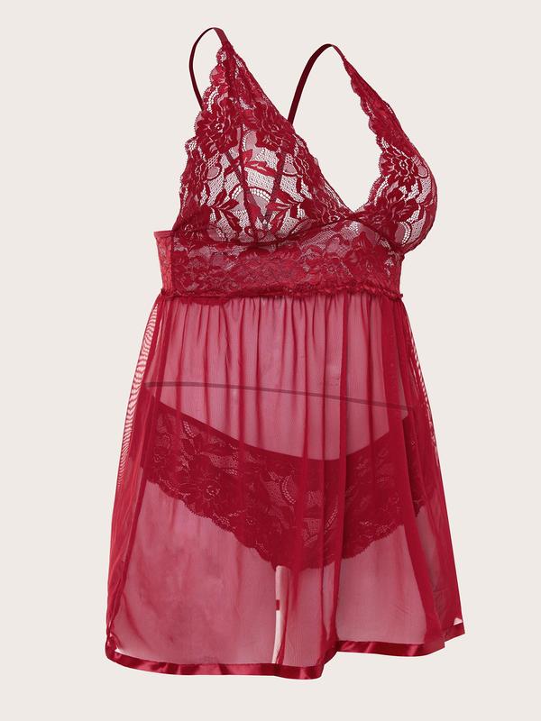 Women's Contrast Mesh Sheer Lace Sexy Costume Set, Comfy Breathable Plus Size Cami Nightdress & Panty Set, Women's Sleepwear for All Seasons