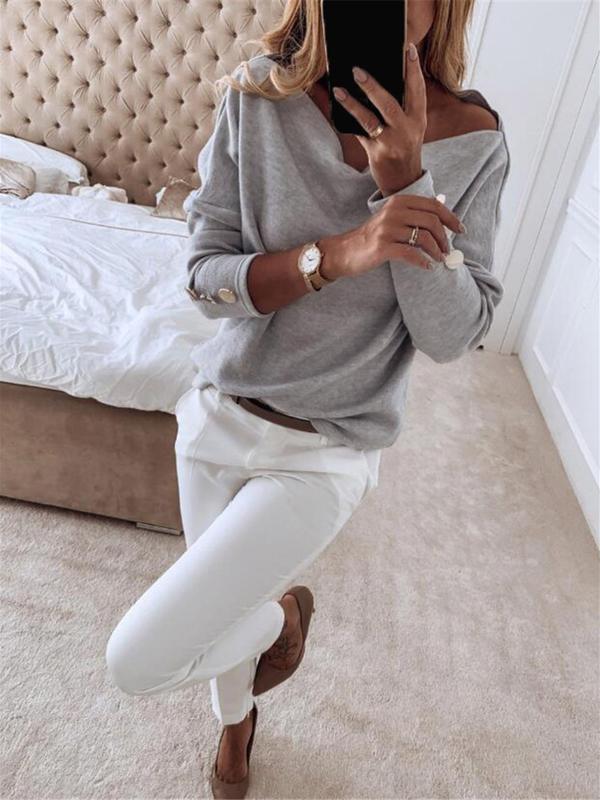 Women's Plain Asymmetrical Neck Button Decor T-shirt, Casual Long Sleeve Tee for Spring & Fall, Ladies Clothes for Daily Wear