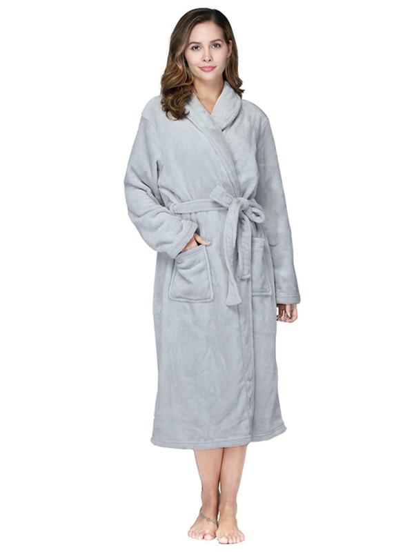 Women's Solid Pocket Belted Wrap Flannel Lounge Robe, Casual Long Sleeve Shawl Collar Dressing Gown, Women's Sleepwear for Winter, Robe for Women, Fall Wear, Fallfreshness