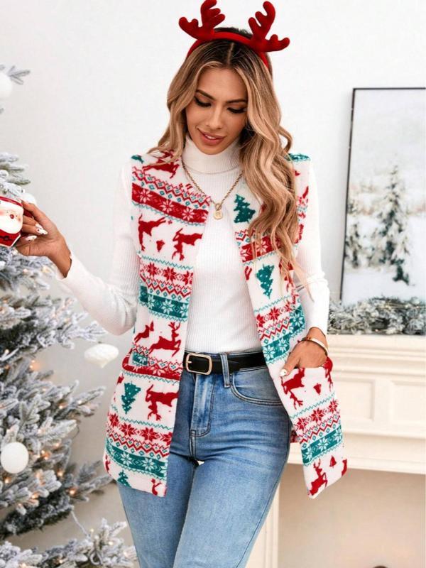 Women's Plaid Print Fuzzy Vest Coat without Sweater, Casual Pocket Open Front Outerwear for Spring & Fall, Fashion Women's Clothing for Daily Wear, Fall Outfits, Fallfreshness, Fall Outfits, Fallfreshness