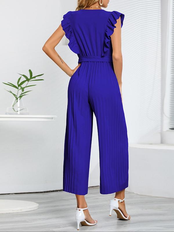 Women's Plain Ruffle Trim Pleated Belted Wide Leg Jumpsuit, Elegant V Neck Butterfly Sleeve Jumpsuit for Summer, Ladies Clothes for Daily Wear