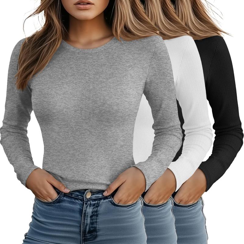 3 Pack Women's Long Sleeve Shirts Ribbed Fitted Tops Thermal Undershirt Tops Layer Round Neck underscrubs Basic tee