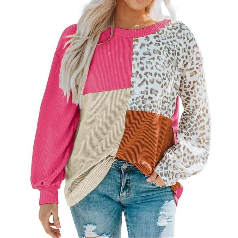 Encolax Womens Fashion Leopard Color Block Long Sleeve Crewneck Knitted Casual Loose Pullover Shirts Tops Fit Womenswear