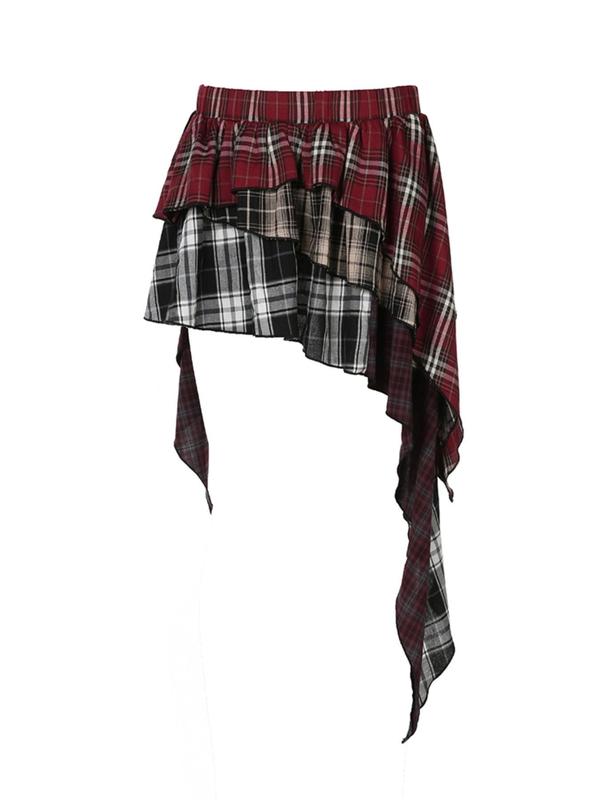 Women's Patchwork Plaid Print Tiered Layer Ruffle Hem Skirt, Casual Fashion Asymmetrical Hem Mini Skirt for Daily Wear, Ladies Fall & Winter Bottoms