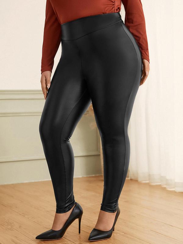 CURVZY Plus Size Solid PU Leather Leggings, Fashion Casual Comfy Skinny Pants for Daily Outdoor Wear, Women Clothing for All Seasons