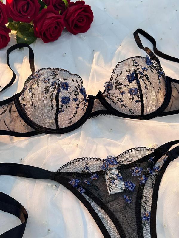 Women's 2pcs Floral Embroidery Sheer Lingerie Set, Summer Clothes Women, Elegant Sexy Push Up Bra & Tie Side Thong Set, Women Sexy Lingeries & Costumes