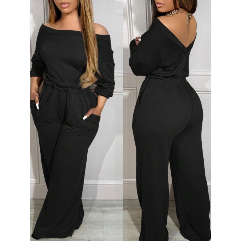 ChicMe Off Shoulder V-Back Stretchy Waist Pocket Design Jumpsuit