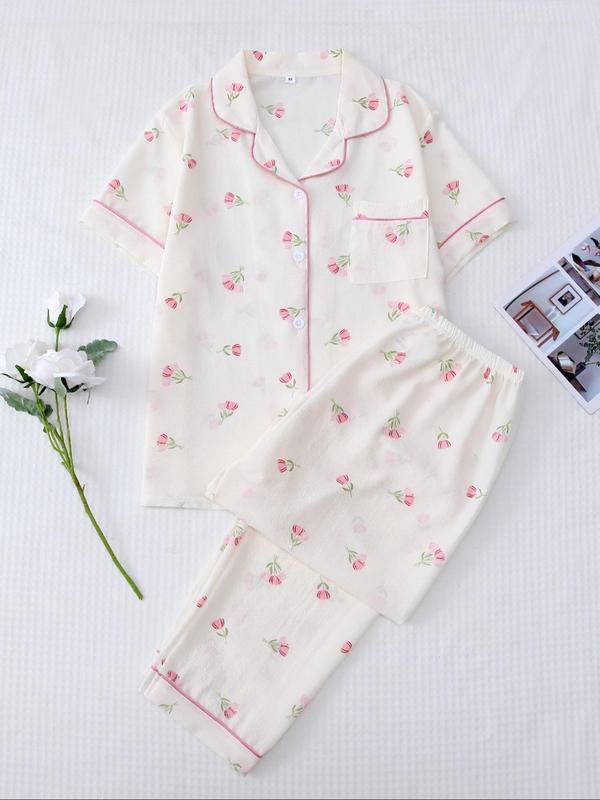 Women's Heart Print Pajama Set, Casual Short Sleeve Button Front Lapel Shirt & Pants Pj Set, Summer Wear 2024, Summer Clothes, PJs Lounge Set, Pajama Sets Women, Please Purchase One Or Two Size Up