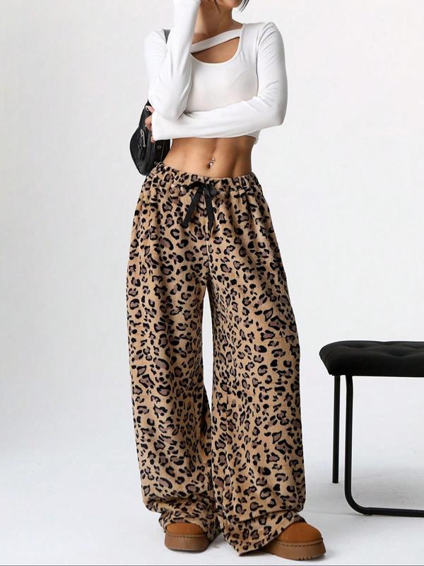 Women's Leopard Print Bow Decor Elastic Waist Wide Leg Pants, Casual Comfy Plush Trousers for Daily Wear, Ladies Bottoms for Fall & Winter