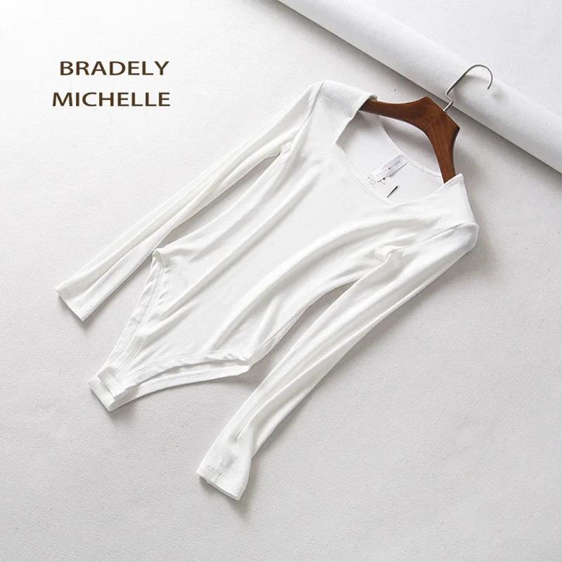 BRADELY MICHELLE Sexy Women Autumn Slim Long Sleeve Square Neck Knitted Tops Bodycon Bodysuits with Hidden Button